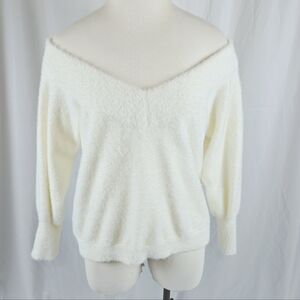 Chelsea28 Eyelash Knit Sweater Off Shoulder V-Neck Ivory NWT Large